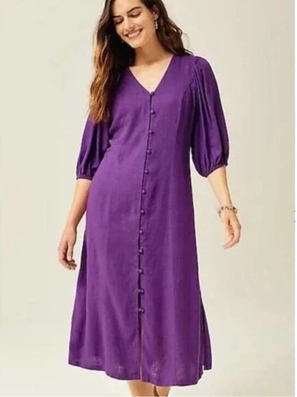 NEW J.Jill Linen Blend Midi Shirtdress XL Puff Sleeves Lightweight Flowy Summer